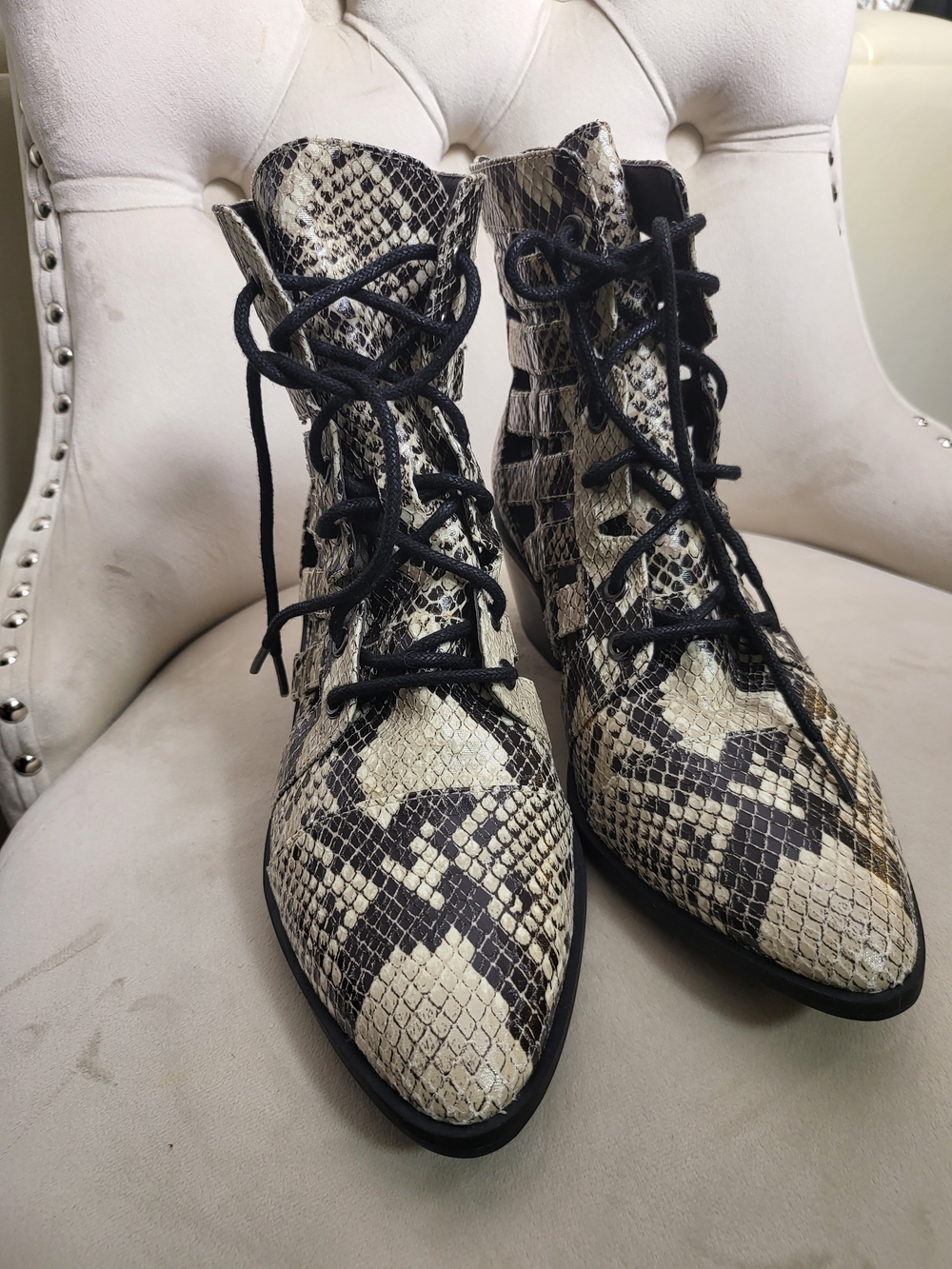 Treasure & Bond Snake-Print Lace-Up Ankle Boots in Black & Cream - Picture 8 of 8